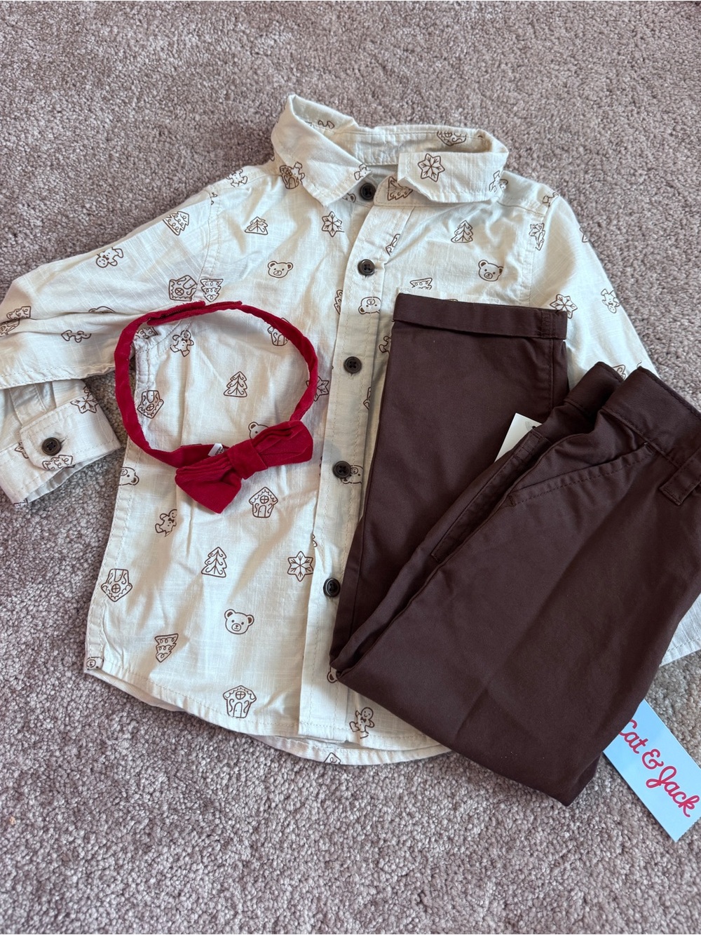 Cat & Jack Cream Christmas Printed Button-Down Shirt set with Red Bow tie